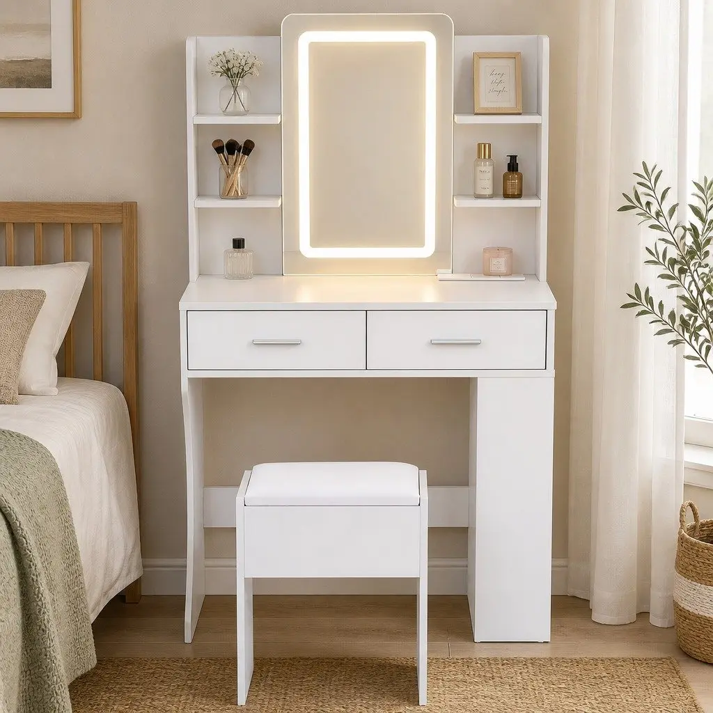 LED Vanity Dressing Table with Mirror and Stool Compact White Bedroom Furniture