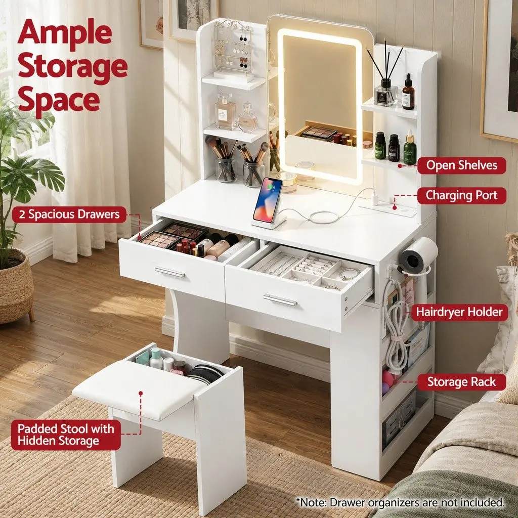 LED Vanity Dressing Table with Mirror and Stool Compact White Bedroom Furniture