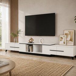 White Extendable TV Cabinet Entertainment Unit Stand 190-260cm Storage Drawers