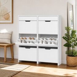 White Shoe Cabinet Organiser 2-Piece Flip Drawer Freestanding Storage Hallway