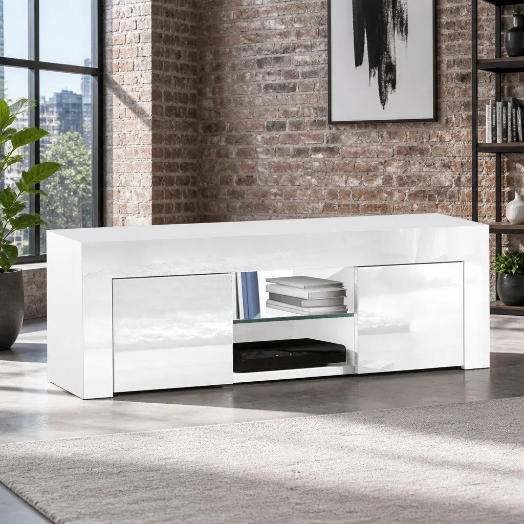 TV Unit Entertainment Unit 130cm White High-Gloss with Tempered Glass Shelves and Storage Cabinets for Living Room