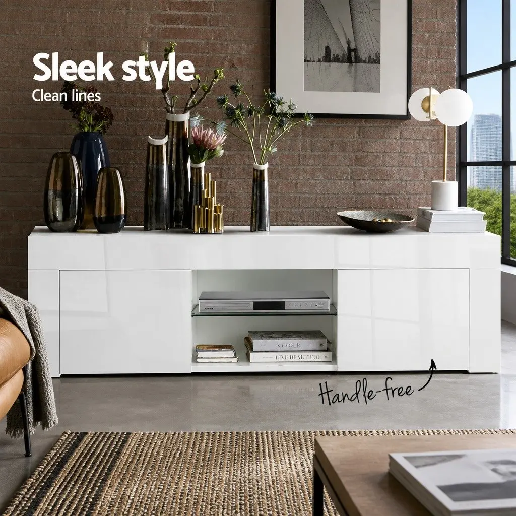 TV Unit Entertainment Unit 130cm White High-Gloss with Tempered Glass Shelves and Storage Cabinets for Living Room