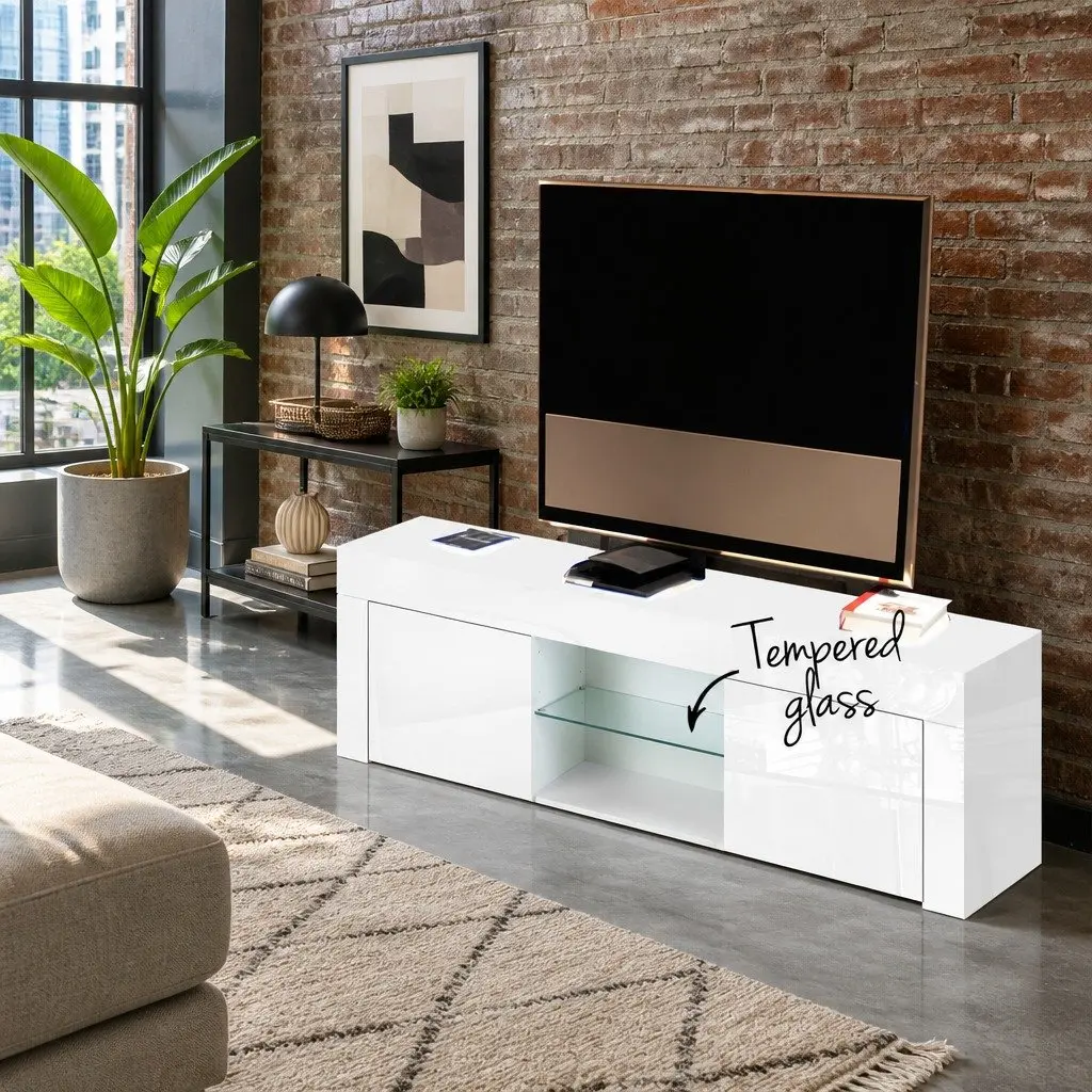 TV Unit Entertainment Unit 130cm White High-Gloss with Tempered Glass Shelves and Storage Cabinets for Living Room