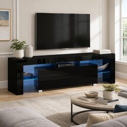 LED Entertainment Unit TV Cabinet 160cm Modern Living Room Storage Black