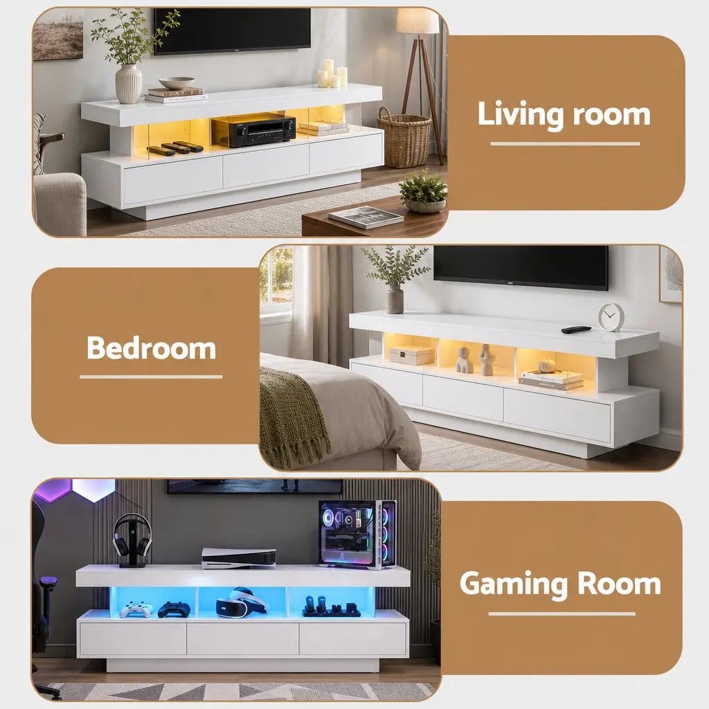 TV Unit Modern LED Entertainment Storage Drawers 160CM White