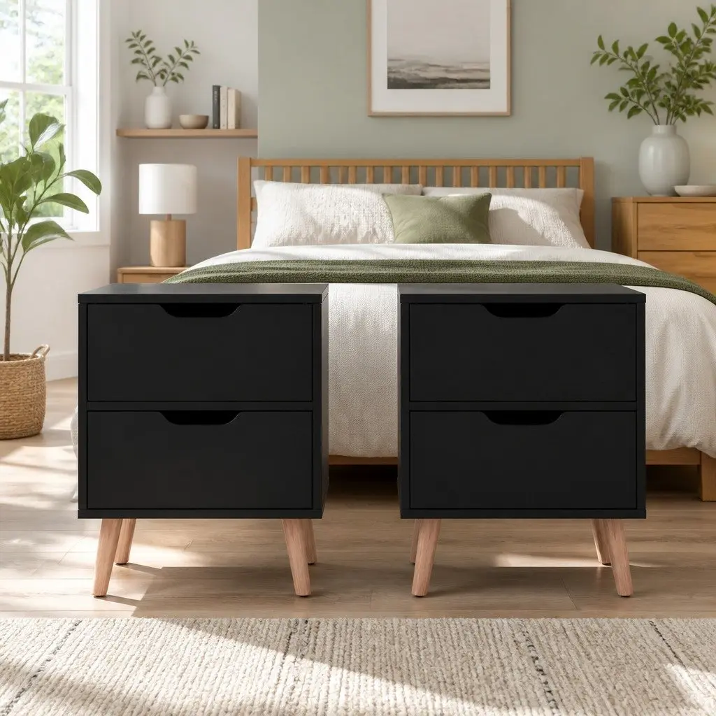 Bedside Table 2 Drawers Black 40cm x 30cm x 50cm Modern Nightstand Storage Cabinet