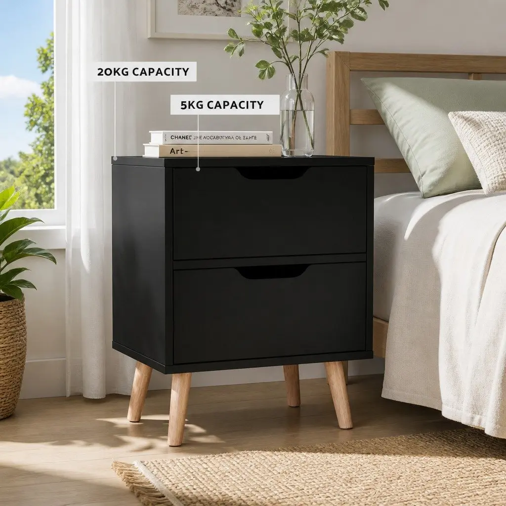Bedside Table 2 Drawers Black 40cm x 30cm x 50cm Modern Nightstand Storage Cabinet