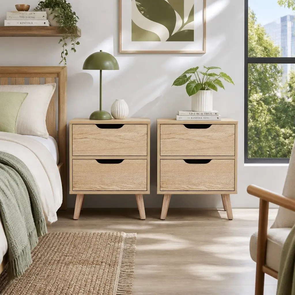 Bedside Table 2 Drawers Black Pine Wood 40cm x 30cm x 50cm