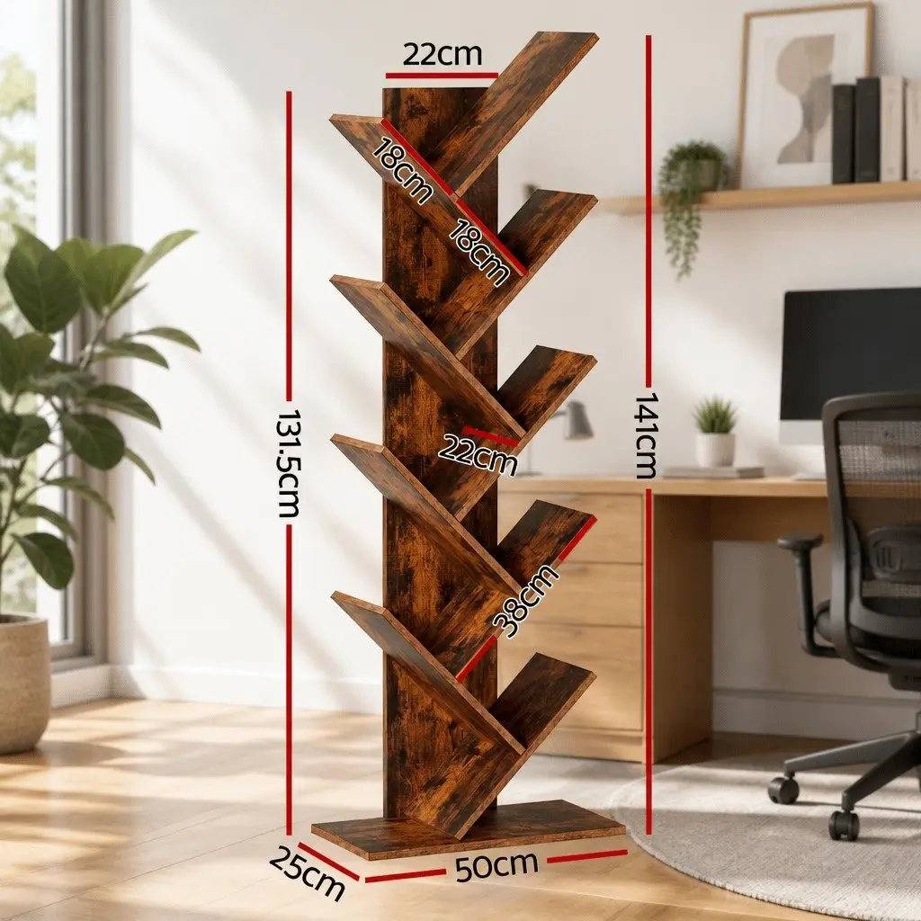 Tree Bookshelf 9 Tier Storage Display Stand Freestanding Bookcase Brown