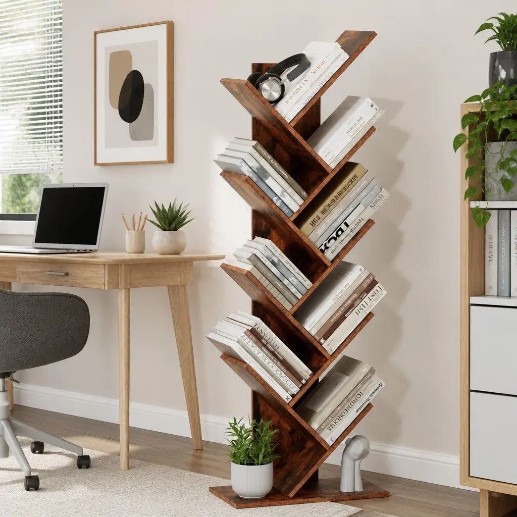 Tree Bookshelf 9 Tier Storage Display Stand Freestanding Bookcase Brown