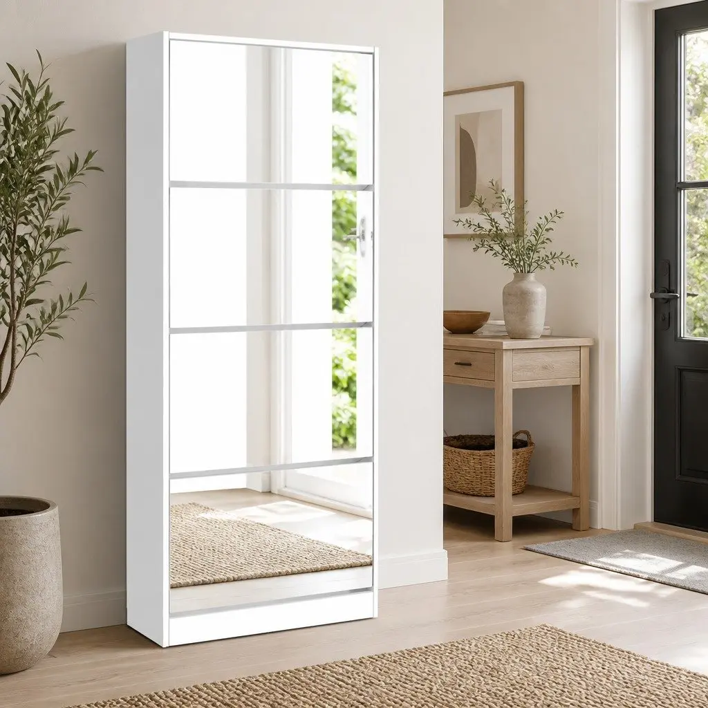 Shoe Rack Cabinet Full-Length Mirror White 60 Pairs Storage Sliding Doors