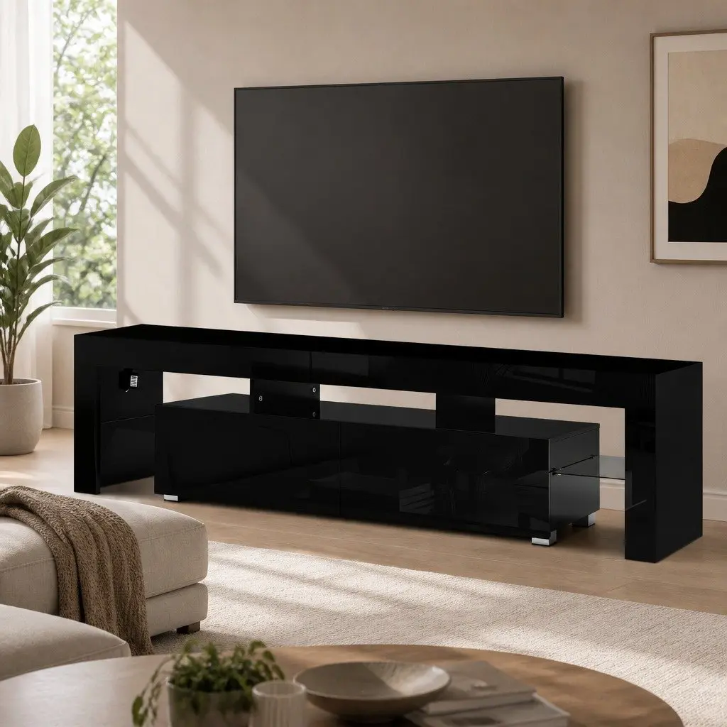 Entertainment Unit TV Cabinet with LED Lighting 189cm Black Living Room Storage