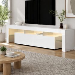 LED Entertainment Unit TV Cabinet 189cm White Storage Drawers Glass Shelf
