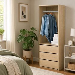 Wardrobe Clothes Closet Storage Organizer with 3 Drawers Metal Hanging Rail Pine