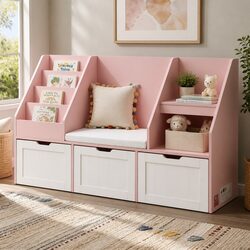 Kids Bookshelf Storage Organiser Bench Seat Toy Box Cabinet Drawer Pink 140cm