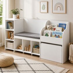 Kids Storage Unit Bookshelf Toy Box Organiser Bench Seat Cabinet 170cm White