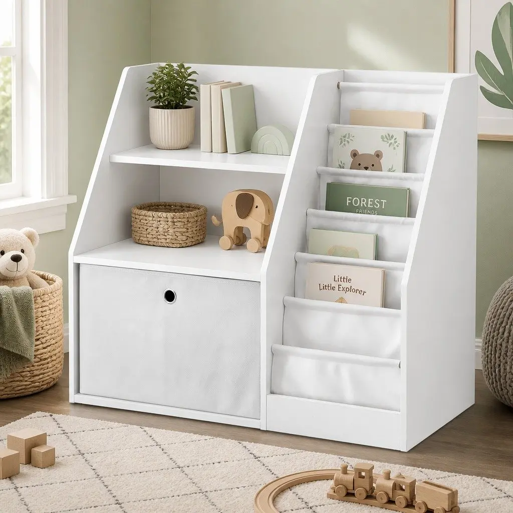 Kids Bookshelf Storage Organizer with Fabric Sling Pouches and Drawer White 91cm x 39.5cm x 80cm