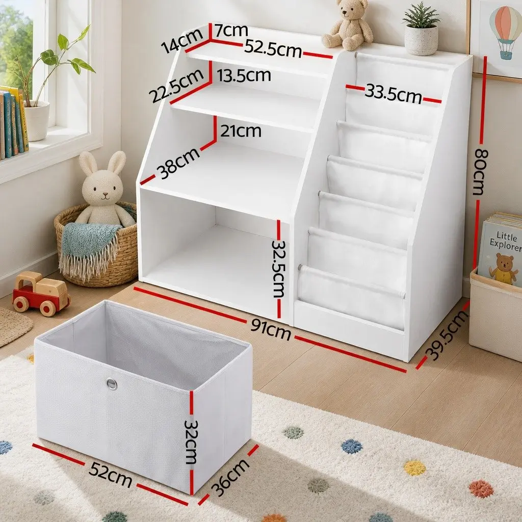 Kids Bookshelf Storage Organizer with Fabric Sling Pouches and Drawer White 91cm x 39.5cm x 80cm