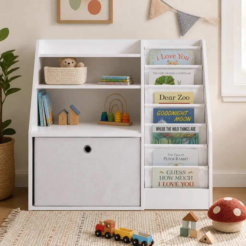 Kids Bookshelf Storage Organizer with Fabric Sling Pouches and Drawer White 91cm x 39.5cm x 80cm