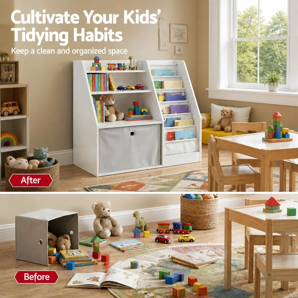 Kids Bookshelf Storage Organizer with Fabric Sling Pouches and Drawer White 91cm x 39.5cm x 80cm