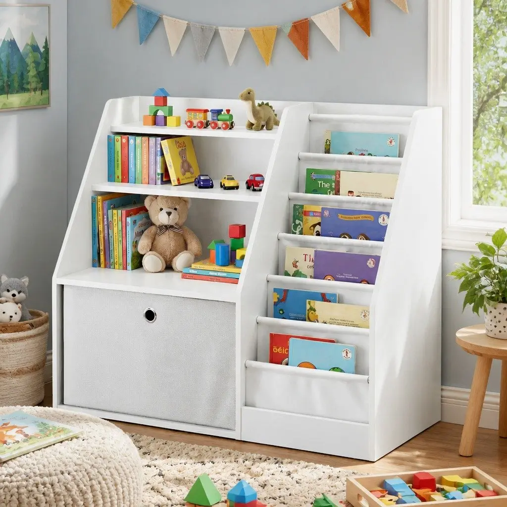 Kids Bookshelf Storage Organizer with Fabric Sling Pouches and Drawer White 91cm x 39.5cm x 80cm