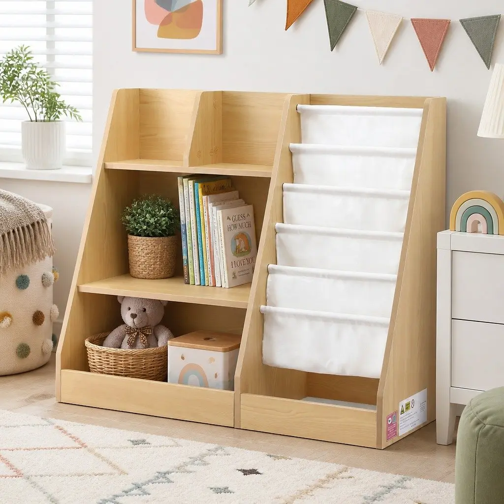 Kids Bookshelf Storage Organizer with Sling Pouches Open Shelves Fabric Drawer 91cm x 39.5cm x 80cm