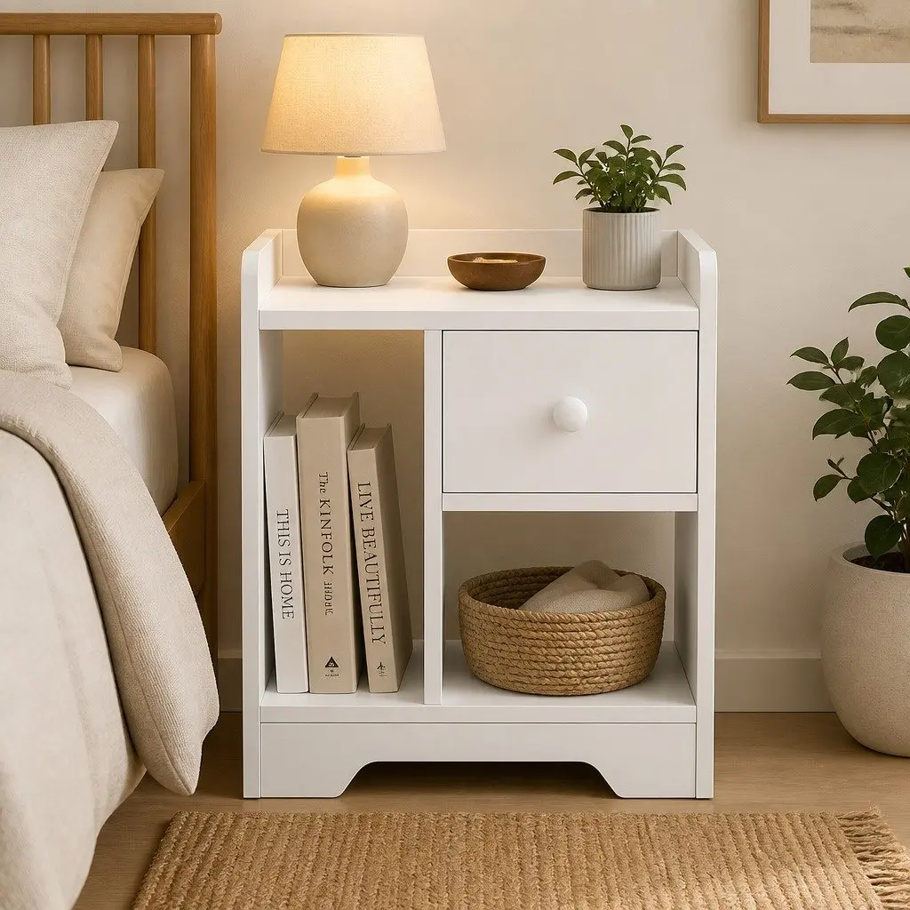 Bedside Table Nightstand with Drawer Open Shelf Storage Side End Table White