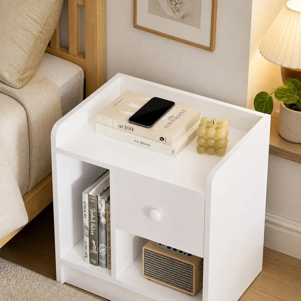 Bedside Table Nightstand with Drawer Open Shelf Storage Side End Table White