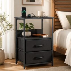 Bedside Table LED Nightstand with Charging Station 2 Foldable Drawers Black