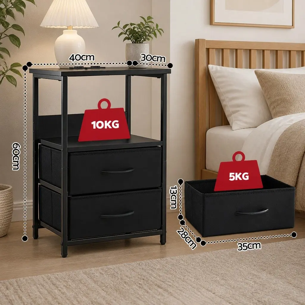 Bedside Table LED Nightstand with Charging Station 2 Foldable Drawers Black