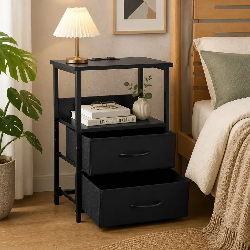 Bedside Table LED Nightstand with Charging Station 2 Foldable Drawers Black