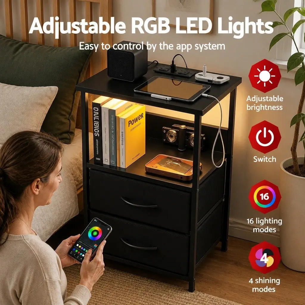 Bedside Table LED Nightstand with Charging Station 2 Foldable Drawers Black