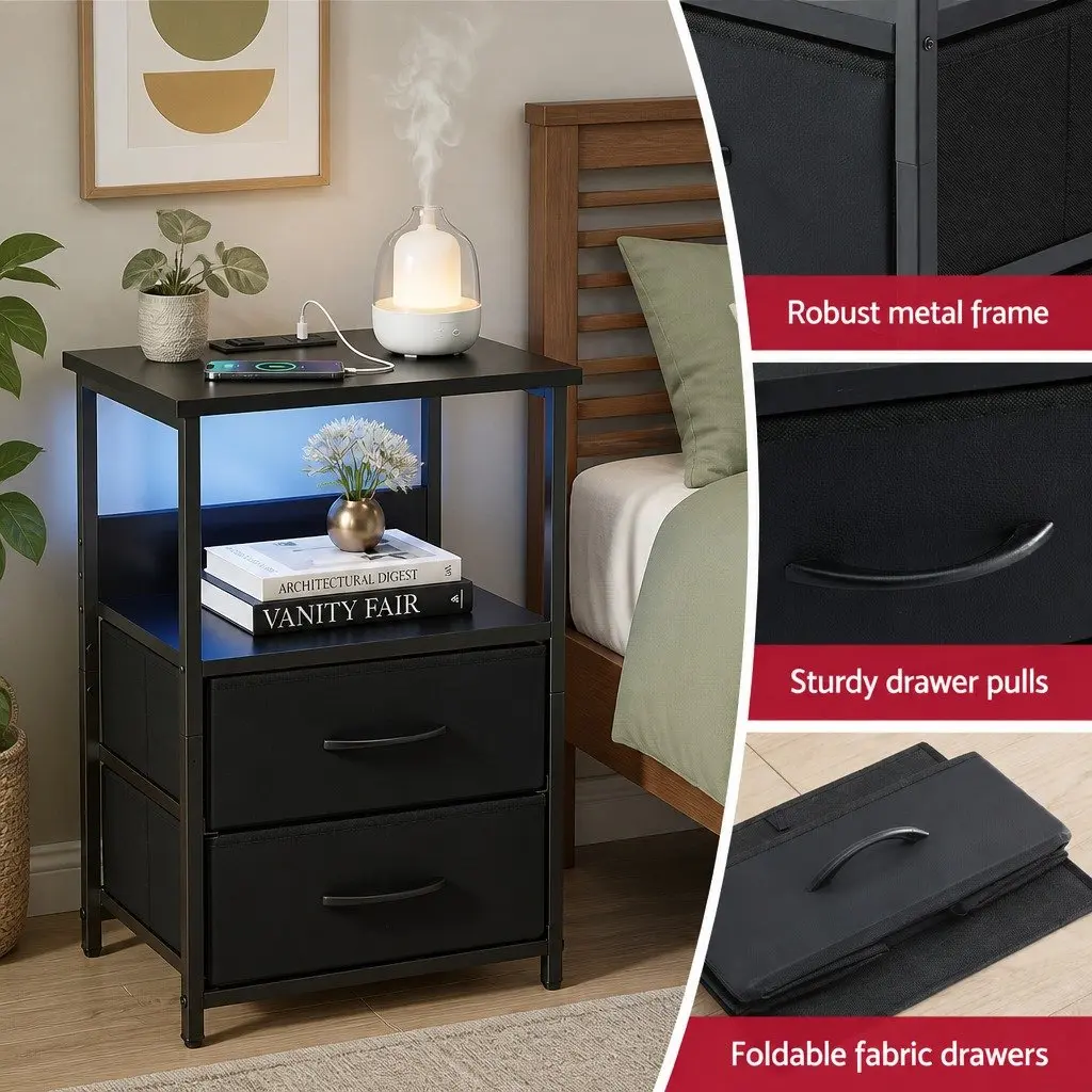 Bedside Table LED Nightstand with Charging Station 2 Foldable Drawers Black