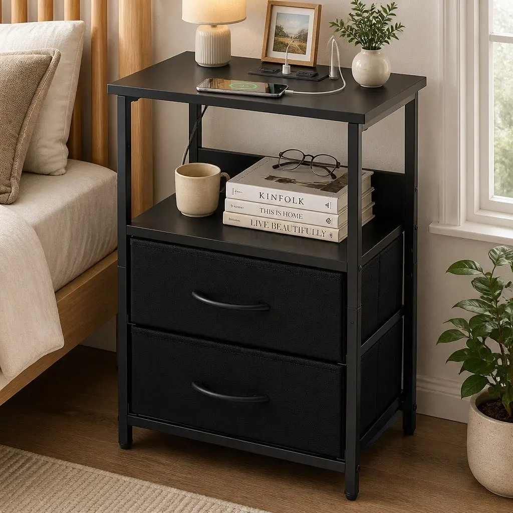 Bedside Table LED Nightstand with Charging Station 2 Foldable Drawers Black