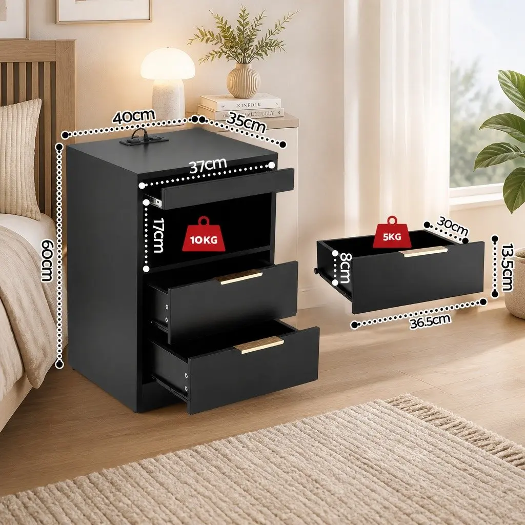 Bedside Table Nightstand with Charging Station 2 Drawers LED Black