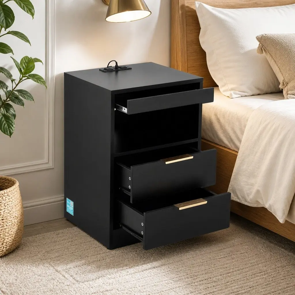 Bedside Table Nightstand with Charging Station 2 Drawers LED Black