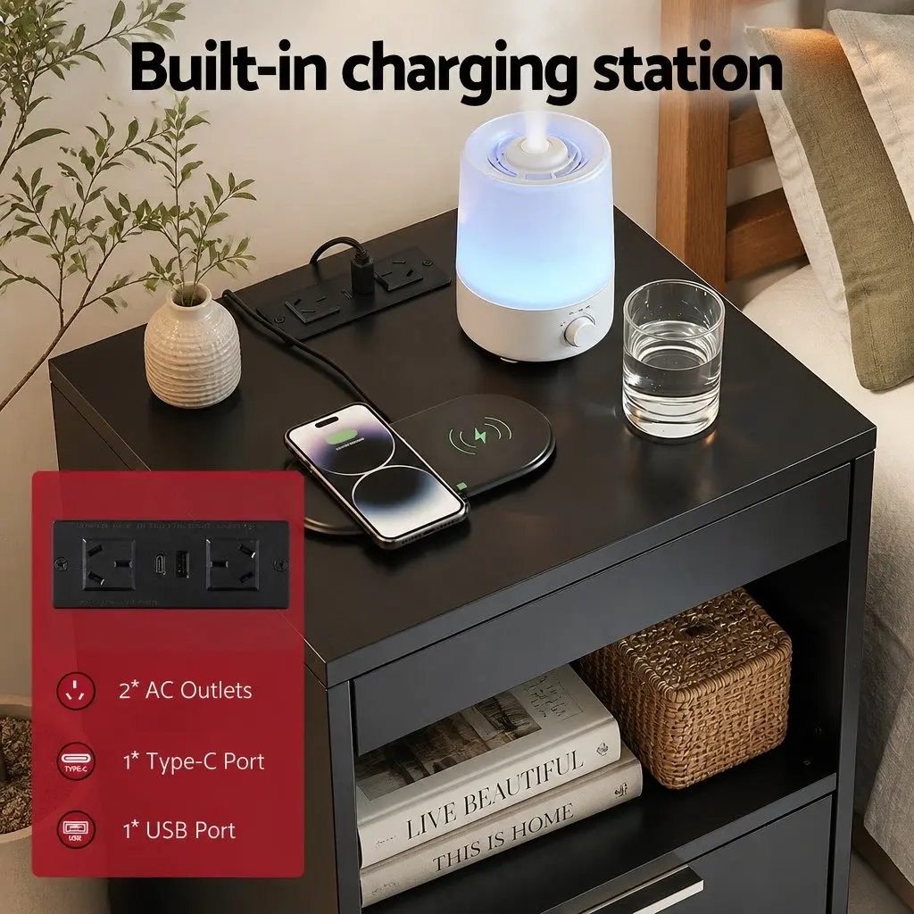 Bedside Table Nightstand with Charging Station 2 Drawers LED Black