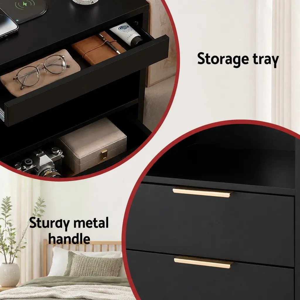 Bedside Table Nightstand with Charging Station 2 Drawers LED Black