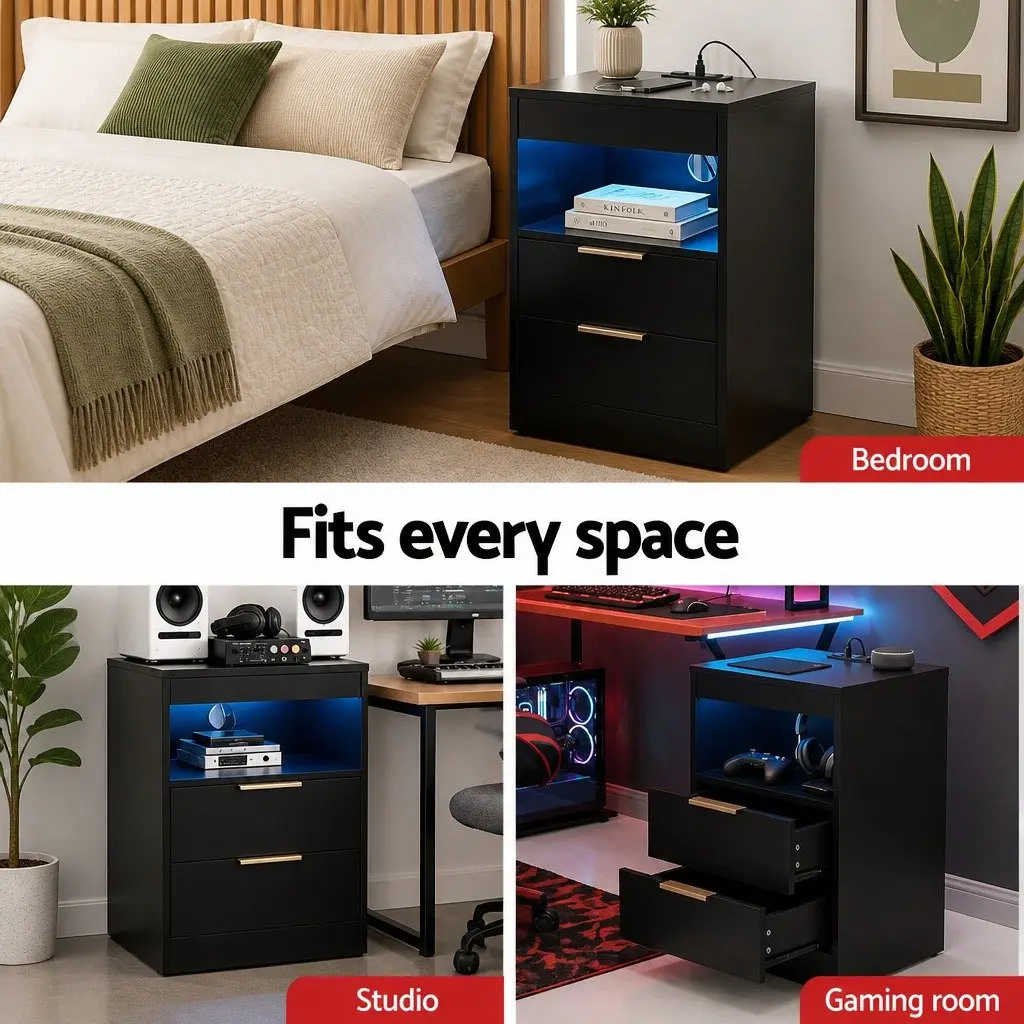 Bedside Table Nightstand with Charging Station 2 Drawers LED Black