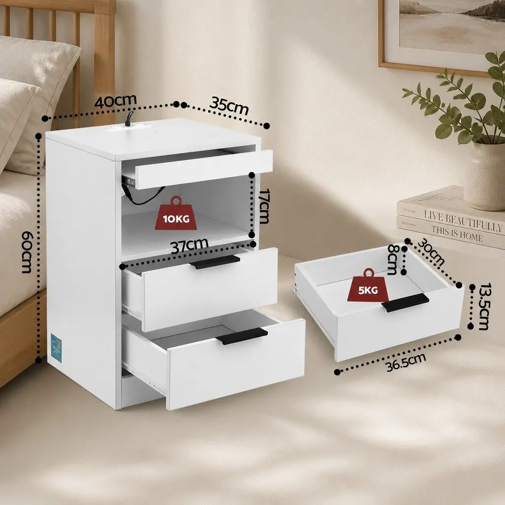 Bedside Table LED Nightstand with Charging Station 2 Drawers White 40cm W x 35cm D x 60cm H