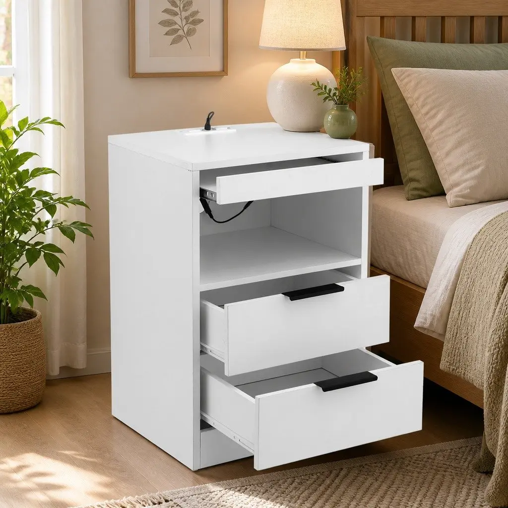 Bedside Table LED Nightstand with Charging Station 2 Drawers White 40cm W x 35cm D x 60cm H
