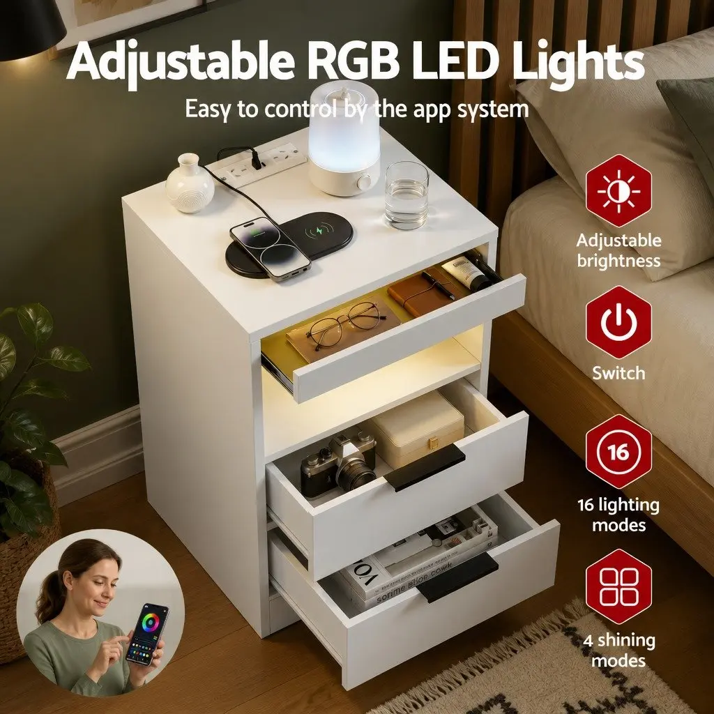 Bedside Table LED Nightstand with Charging Station 2 Drawers White 40cm W x 35cm D x 60cm H