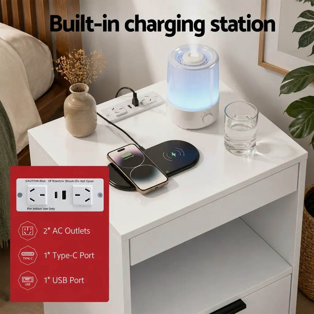 Bedside Table LED Nightstand with Charging Station 2 Drawers White 40cm W x 35cm D x 60cm H