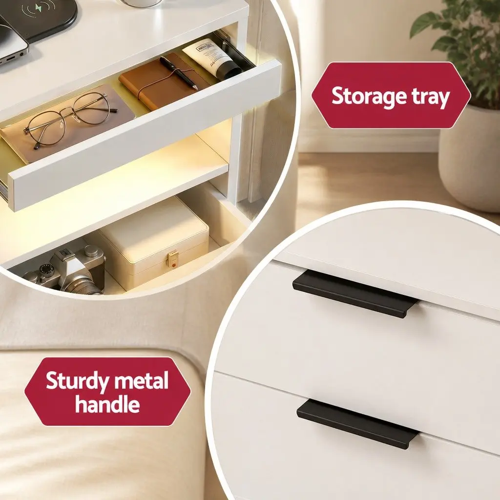 Bedside Table LED Nightstand with Charging Station 2 Drawers White 40cm W x 35cm D x 60cm H