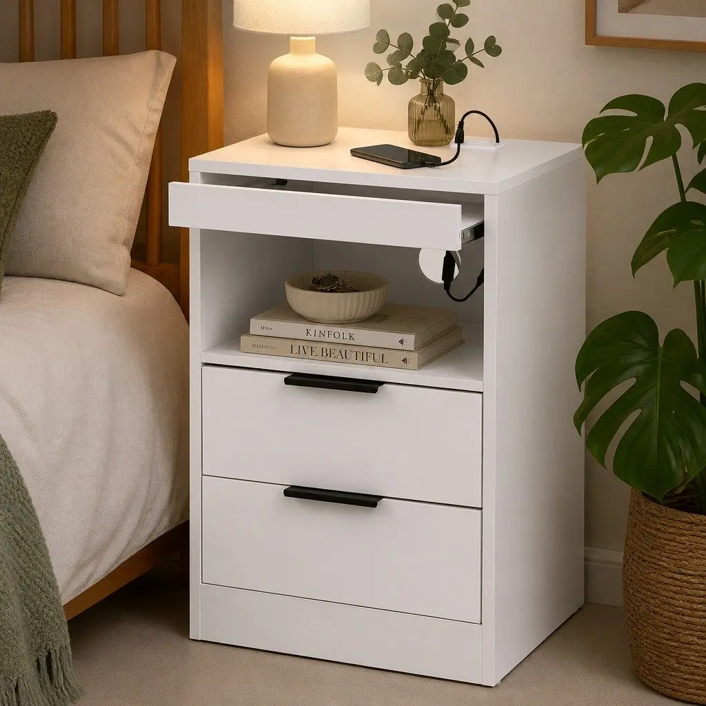 Bedside Table LED Nightstand with Charging Station 2 Drawers White 40cm W x 35cm D x 60cm H