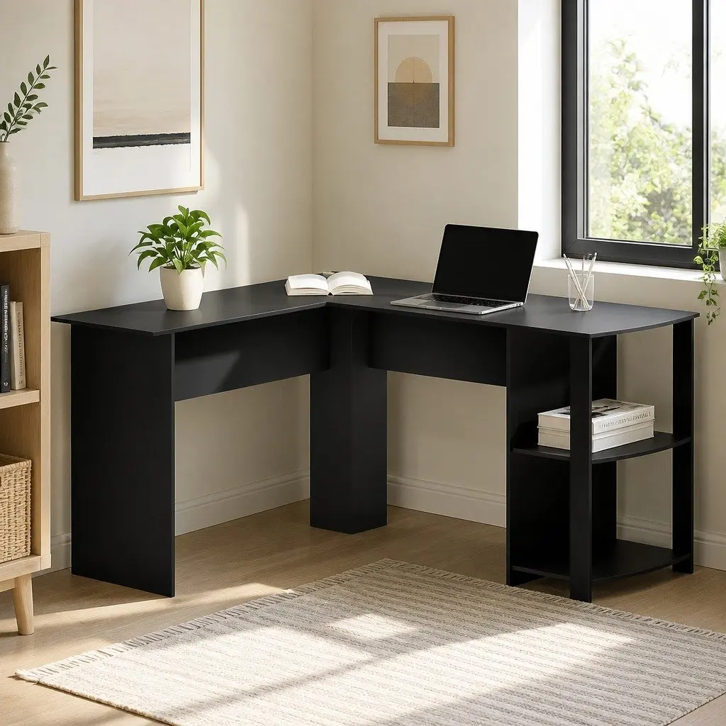 L-Shape Computer Desk with Open Shelves and Cable Management Black 136cm W x 130cm D x 72.5cm H