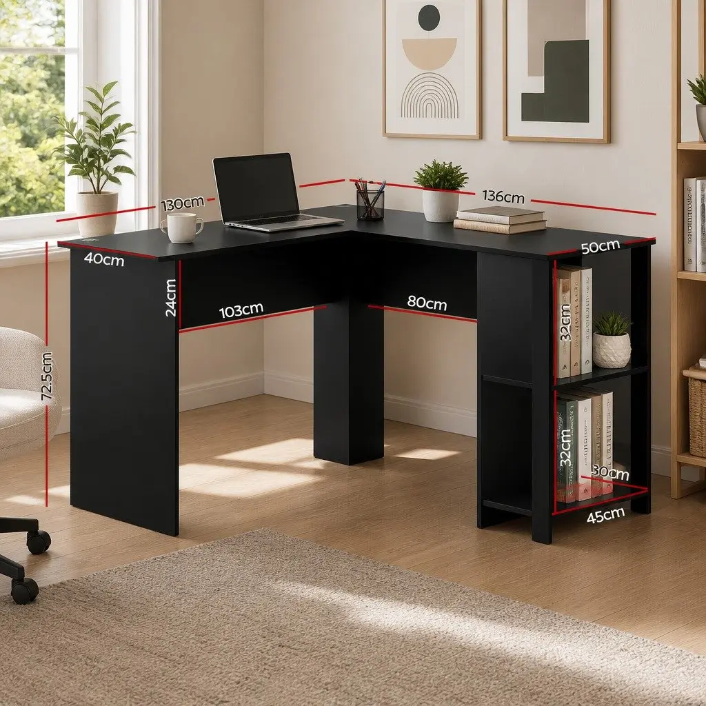 L-Shape Computer Desk with Open Shelves and Cable Management Black 136cm W x 130cm D x 72.5cm H