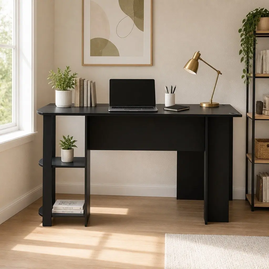 L-Shape Computer Desk with Open Shelves and Cable Management Black 136cm W x 130cm D x 72.5cm H