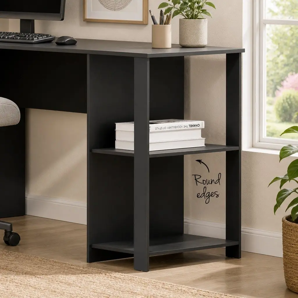 L-Shape Computer Desk with Open Shelves and Cable Management Black 136cm W x 130cm D x 72.5cm H