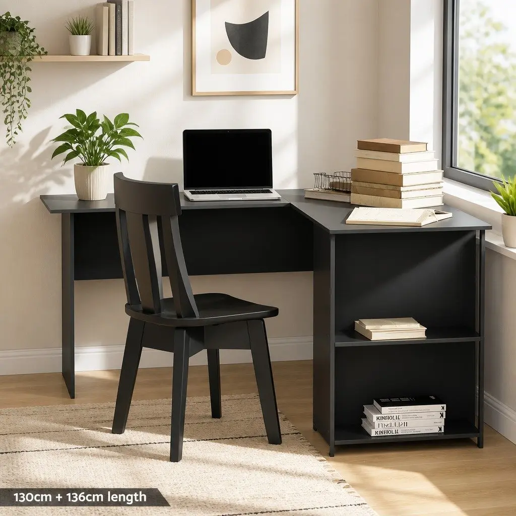 L-Shape Computer Desk with Open Shelves and Cable Management Black 136cm W x 130cm D x 72.5cm H